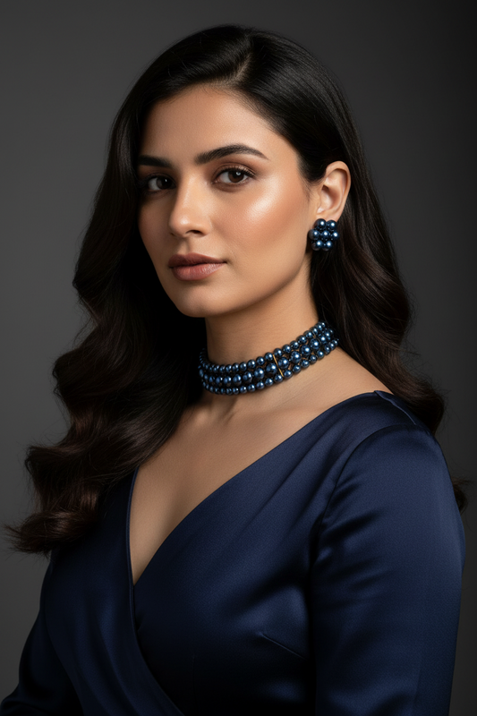 Blue Pearl 3 layer choker with Earrings