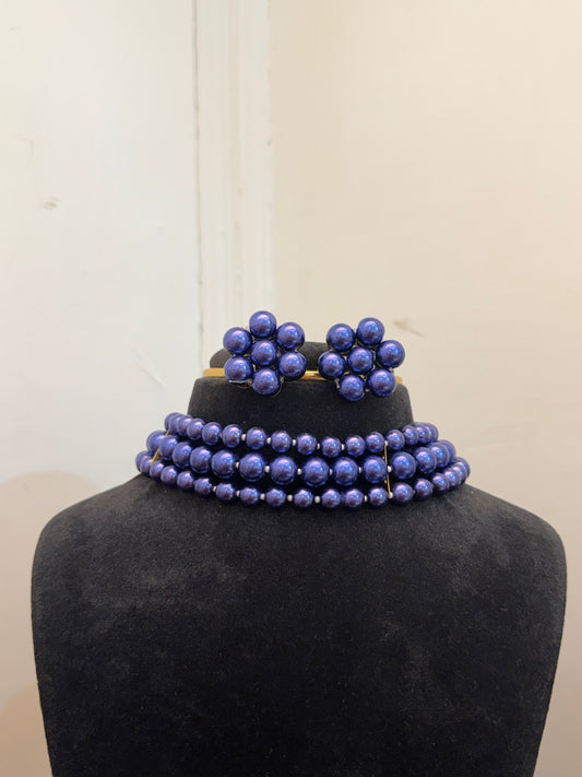 Indigo Pearl 3 layer choker with Earrings Set