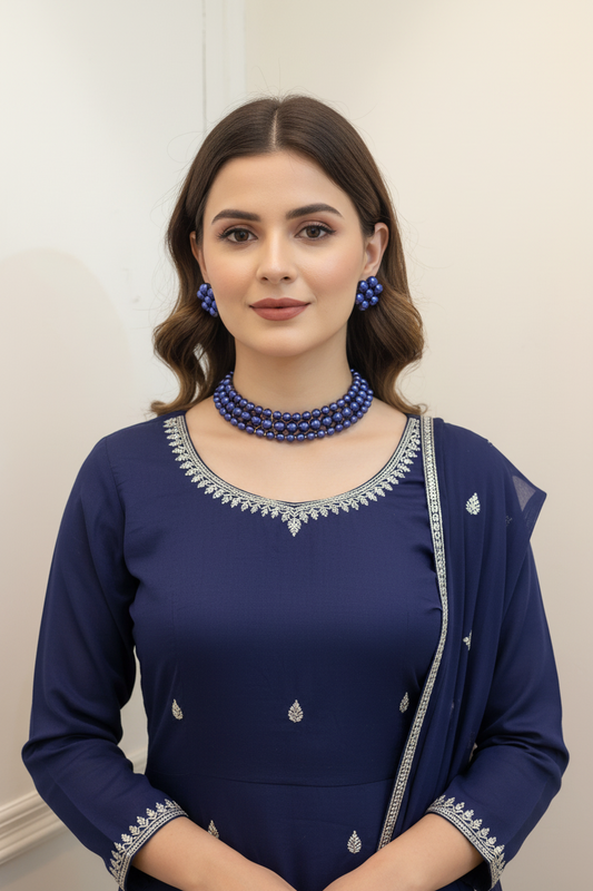 Indigo Pearl 3 layer choker with Earrings Set