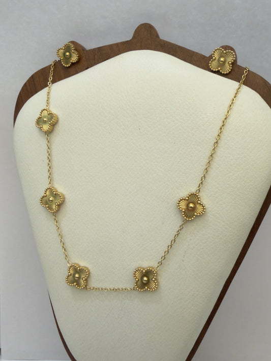 Gold Clover Station Necklace With Matching Stud Earrings