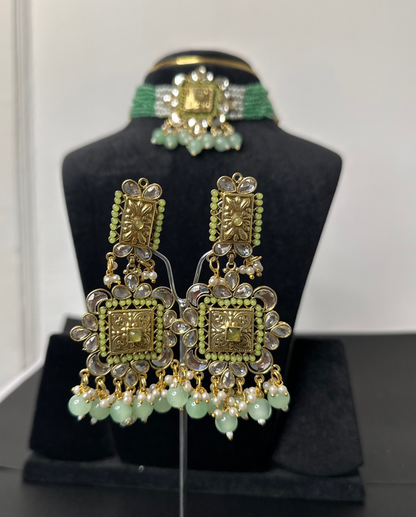 Forest Green Choker Set with Long Earrings