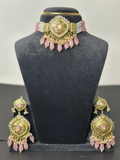 Sparkling Gold and Pink Choker with Earrings