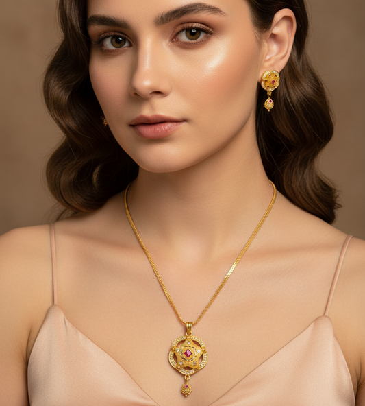 Golden Pendent Set With Earring