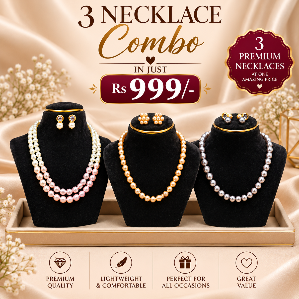Grey, Pink, Golden Yellow, 3 Premium Necklace Combo For Gifting DB00526