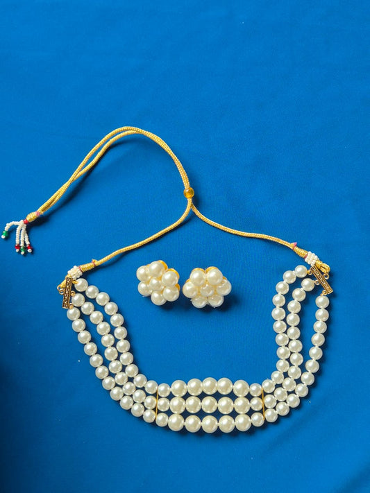 Classic White Three-Strand Pearl Necklace & Earring Set