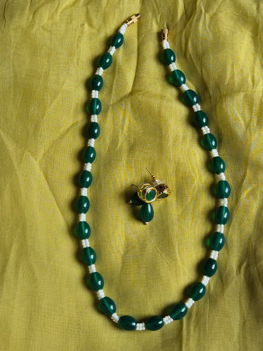 Elegant Green & White Bead Necklace & Earring Set