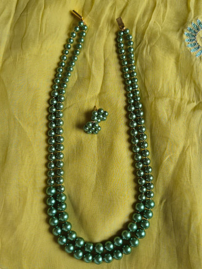 Lustrous Two-Strand Sage Green Pearl Necklace & Earring Set