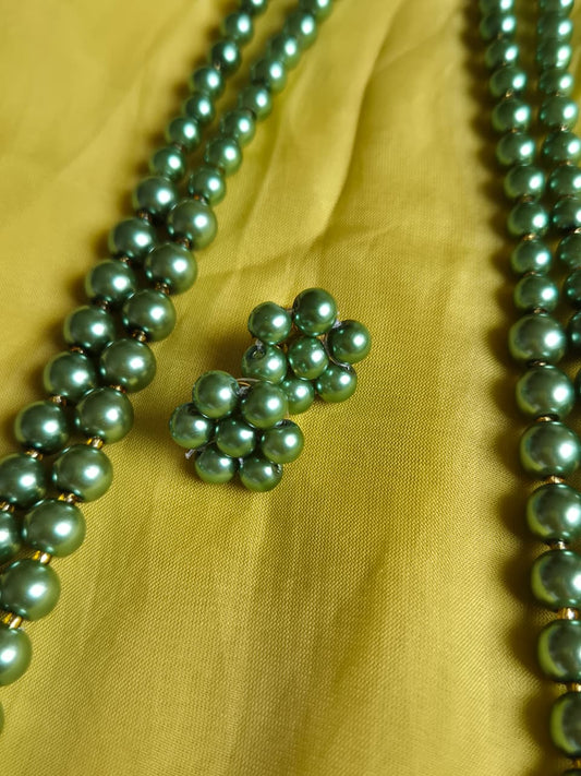 Lustrous Two-Strand Sage Green Pearl Necklace & Earring Set