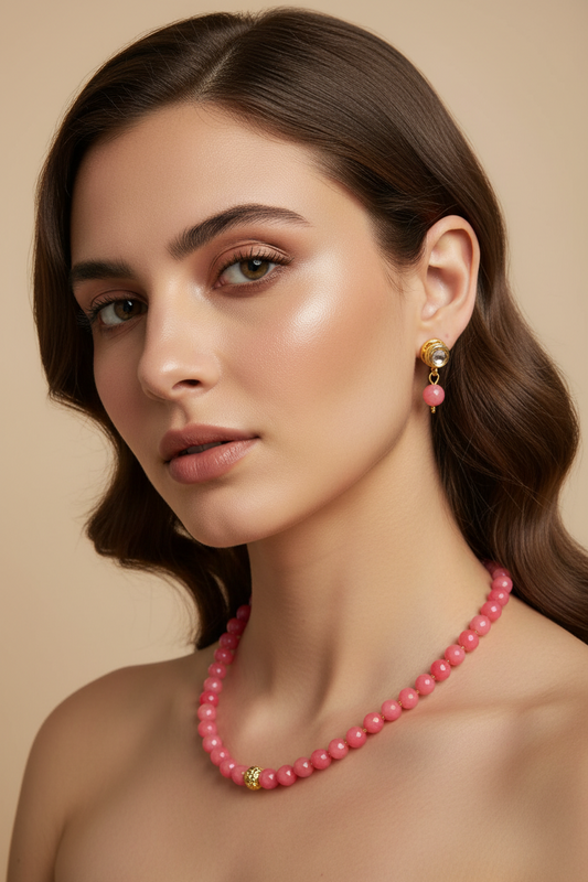 Onyx Delicate Pink Bead Necklace & Earring Set DB00405