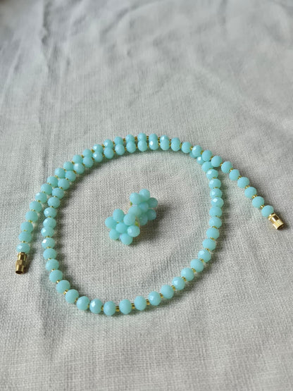 Charming Aqua Blue Diamond Cut Bead Necklace & Earring Set