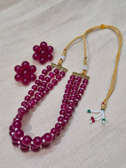 Stunning Multi-Strand Maroon Bead Necklace & Earring Set