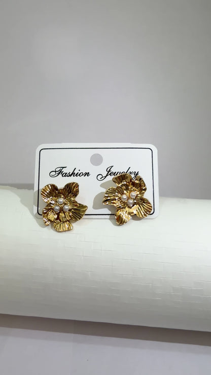 Gold Textured Flower & Pearl Stud Earrings