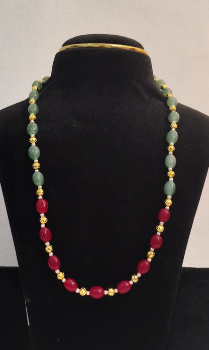 Red and Green Gemstone Beaded Mala with Gold Spacers