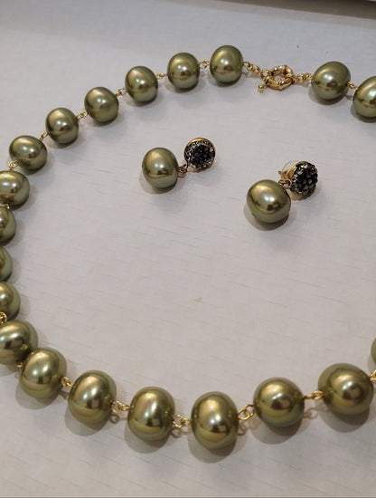 Olive Green Premium Heavy Pearl Necklace with Earrings