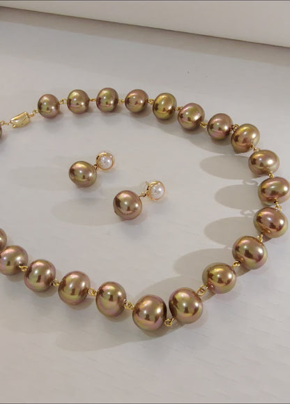 Champagne Gold Premium Heavy Pearl Necklace with Earrings