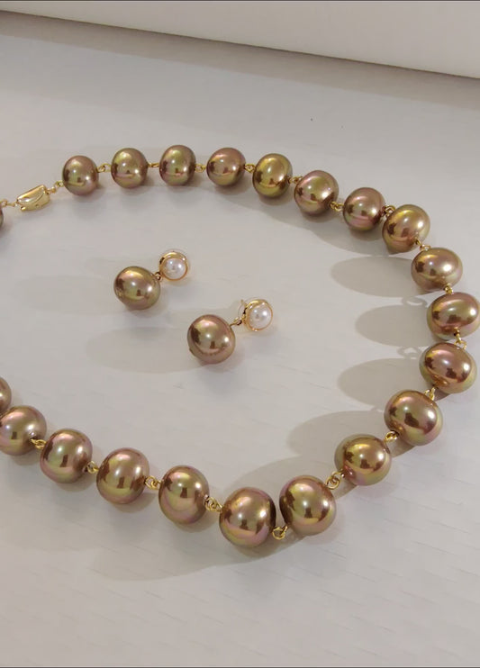 Champagne Gold Premium Heavy Pearl Necklace with Earrings