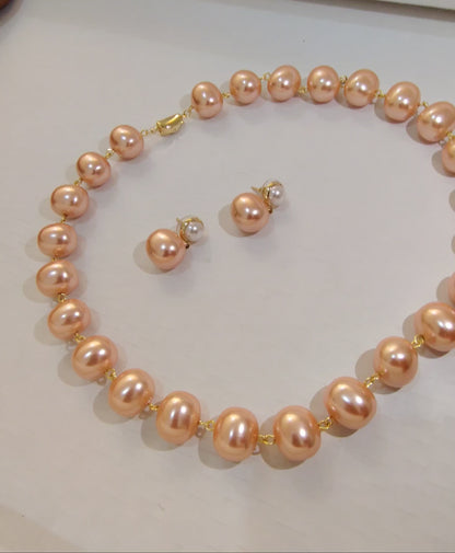 Gold Orange Tone Premium Heavy Pearl Necklace with Earrings
