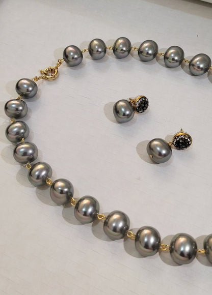 Metallic Grey Premium Heavy Pearl Necklace with Earrings