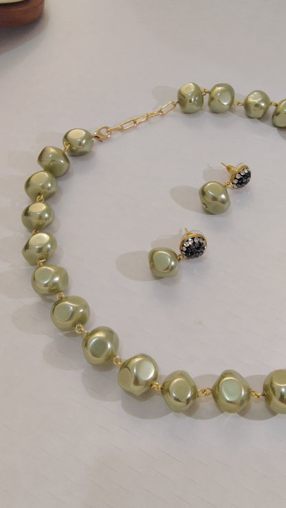 Olive Champagne Premium Heavy Pearl Necklace with Earrings
