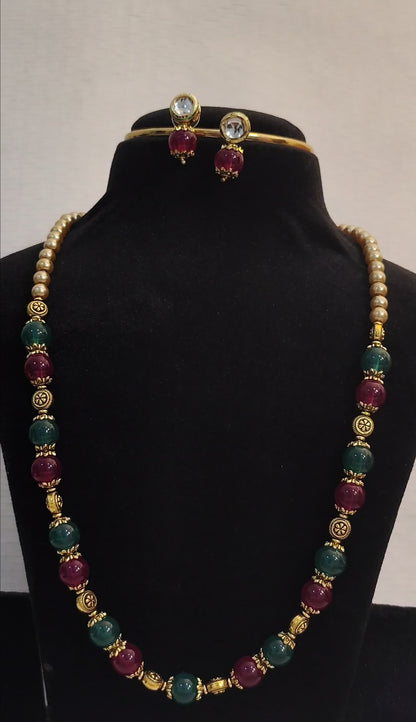 Red and Green Gemstone Beaded Mala with Gold Spacers