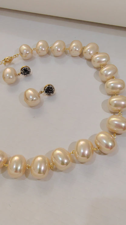 Soft Cream Gold Premium Heavy Pearl Necklace with Earrings
