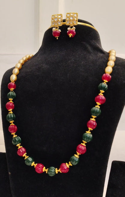 Ruby Red & Emerald Green Fluted Beads Necklace