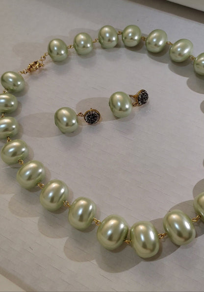 Soft Green Premium Heavy Pearl Necklace with Earrings