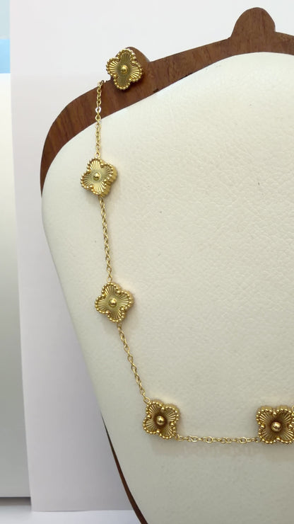 Gold Clover Station Necklace With Matching Stud Earrings