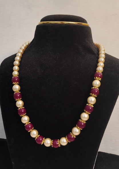 Maroon and Cream Beaded Pearl Necklace with Gold Spacers