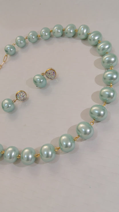 Sage Green Premium Heavy Pearl Necklace with Earrings