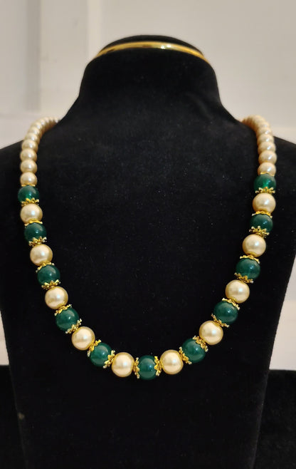 Emerald Beads & Pearl Necklace With Gold Spacers