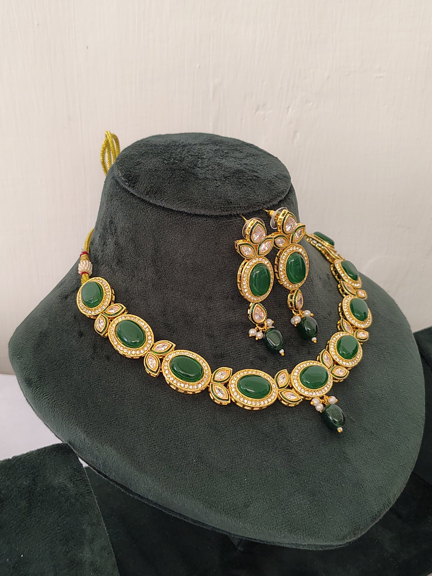 Premium Royal Green Shade Stone Studded Necklace With Earrings