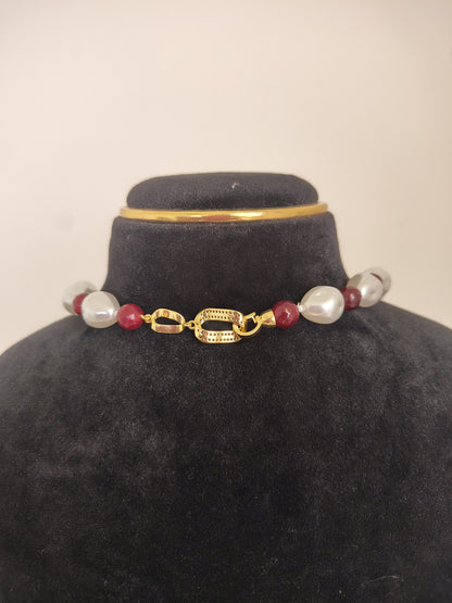 Pearl & Ruby Red white Necklace With Matching Earings