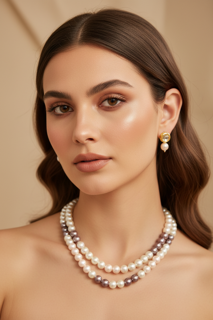 Grey Pink White Pearl Double Layer Necklace With Golden Metal Earrings DB00185