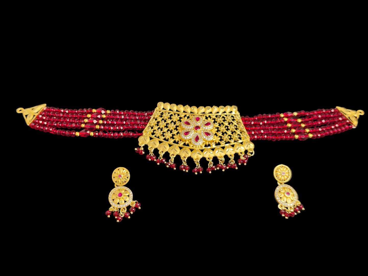 Red Golden Shade Choker With Earrings Set