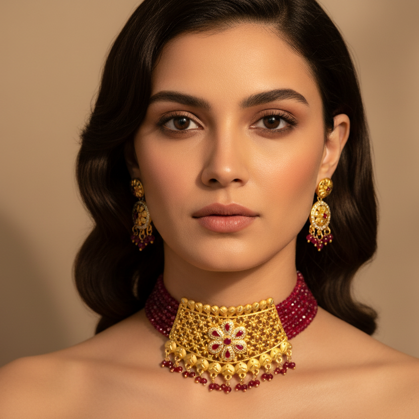 Red Golden Shade Choker With Earrings Set