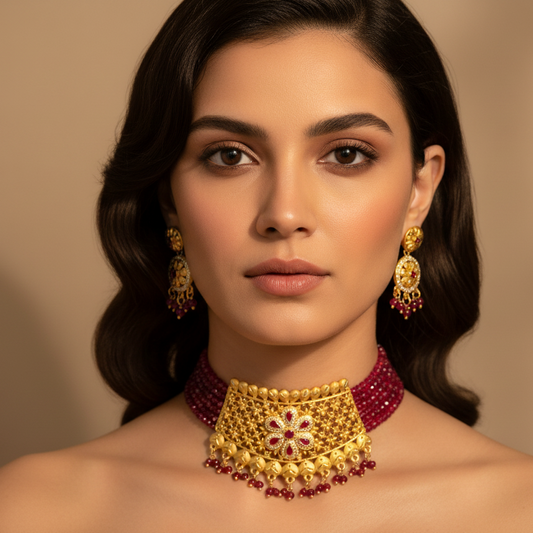 Red Golden Shade Choker With Earrings Set