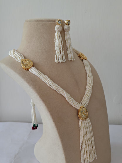 Imperial White Pearl Tassel & Gold Filigree Set & Matching Earrings
