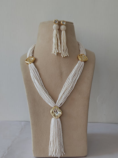Imperial White Pearl Tassel & Gold Filigree Set & Matching Earrings