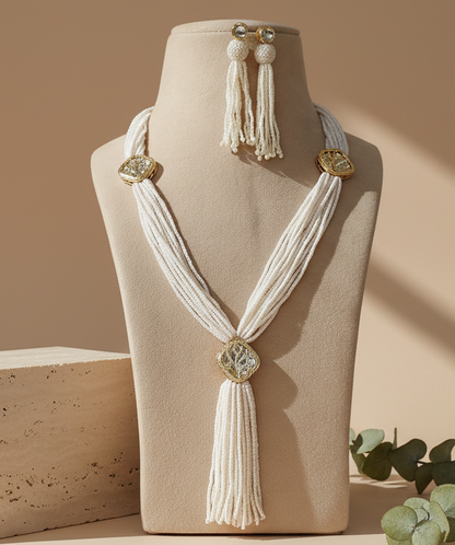 Imperial White Pearl Tassel & Gold Filigree Set & Matching Earrings