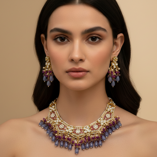 Royal Multi Colour Kundan Set With Matching Earrings