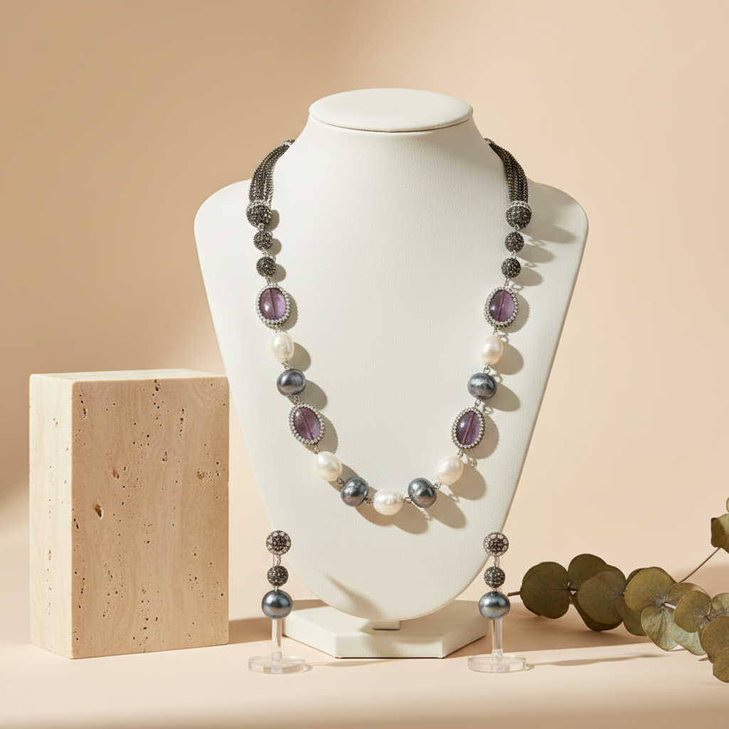 Multi Purple & White Shade Stone With Matching Earrings