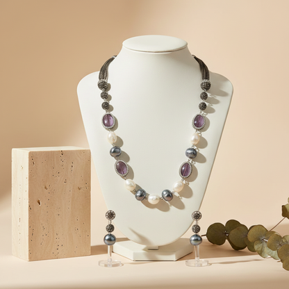 Multi Purple & White Shade Stone With Matching Earrings