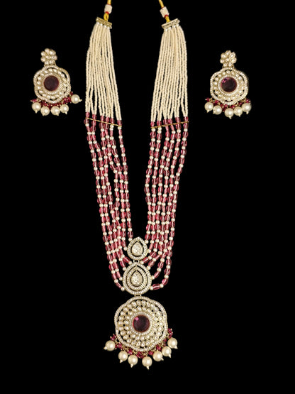 Royal White & Pink Long Necklace With Matching Earrings