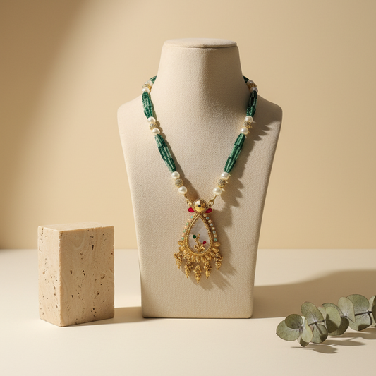 Green & white Pearl shade Long Necklace