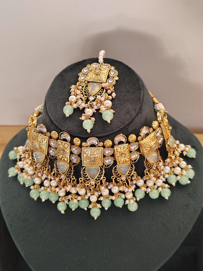 Royal Mint Green & Gold Temple Choker Set Matching Maang Tikka & Earrings