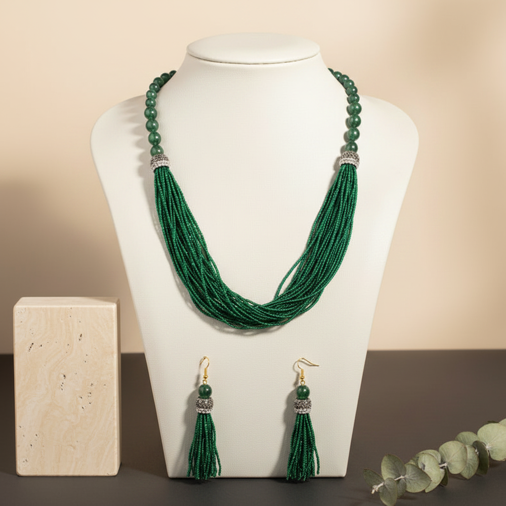 Bright Green Pearl Necklace With Earrings DB00186