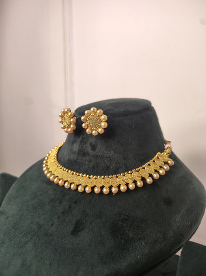 Gold Imitation Detailed Necklace with Earrings