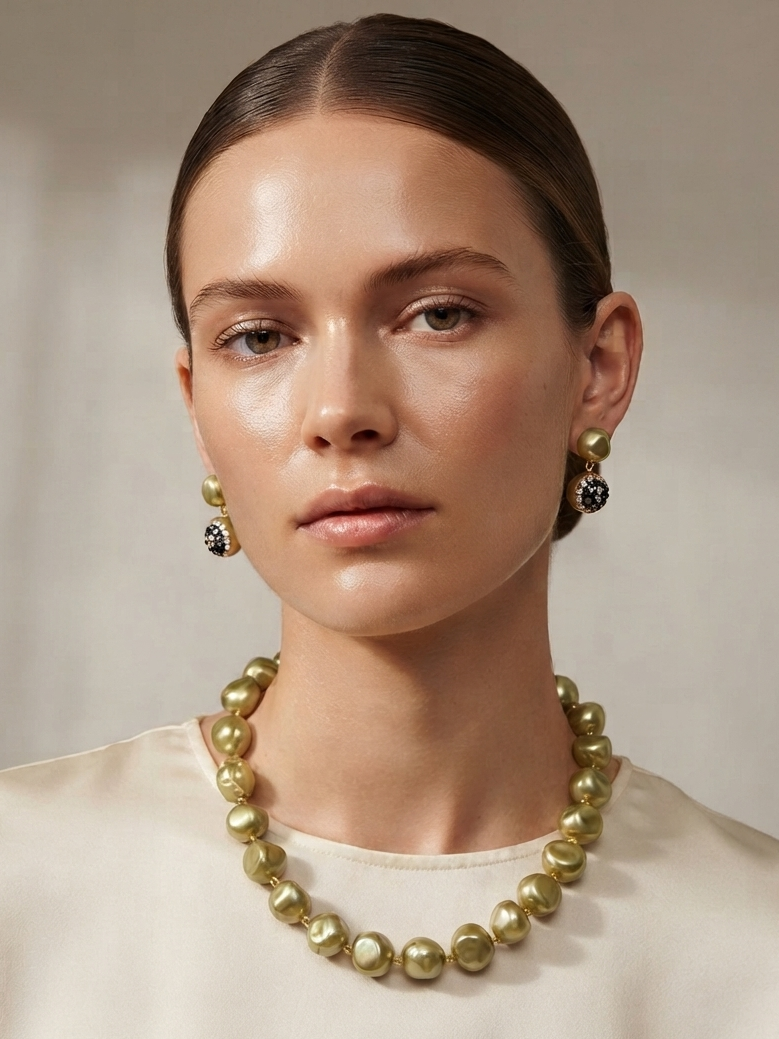 Olive Champagne Premium Heavy Pearl Necklace with Earrings