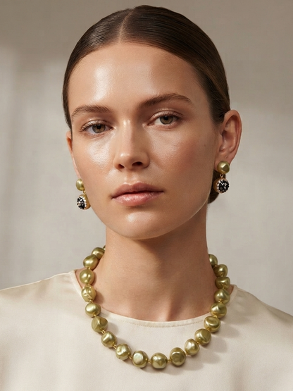 Olive Champagne Premium Heavy Pearl Necklace with Earrings